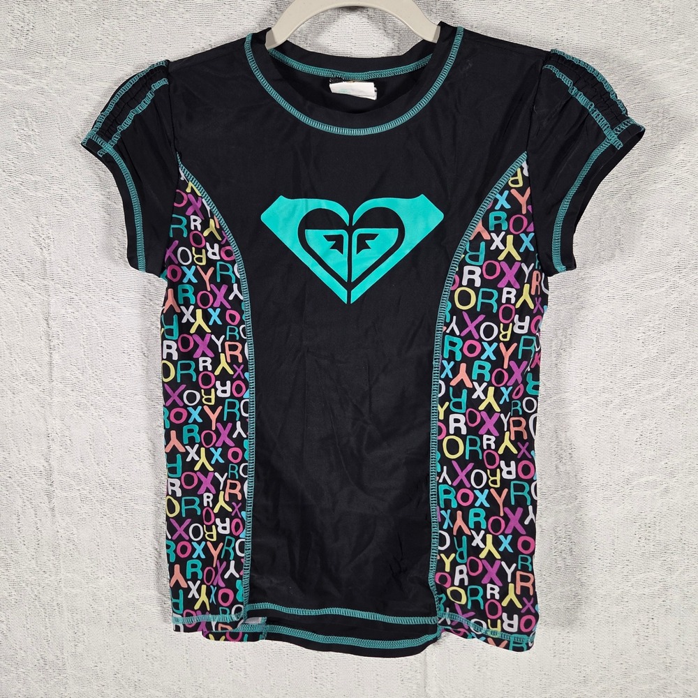 Roxy Kids Black Rash Guard Swim Shirt Short Sleeve Multicolor Logo RN 74299